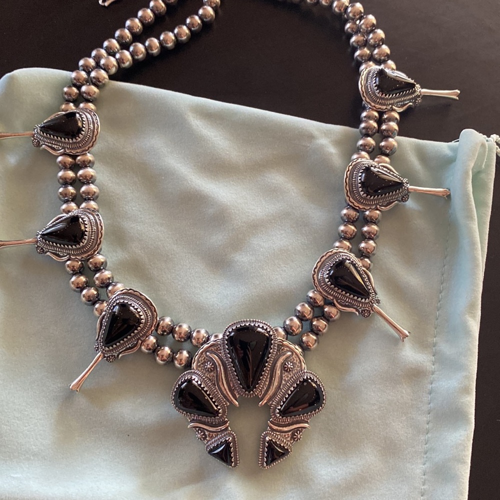 American West RARE sold out black agate sterling silver squash blossom necklace